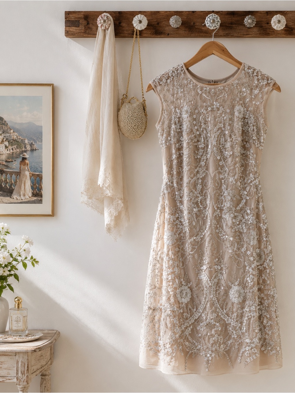 Aidan Mattox Beaded Nude Cocktail Midi Dress